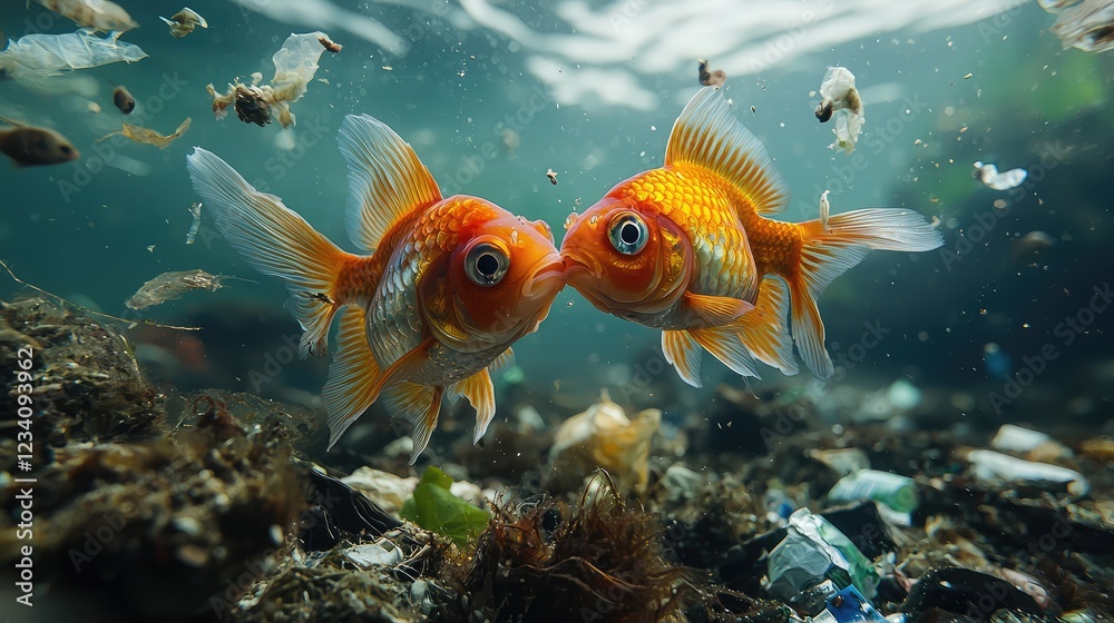 Fototapeta premium Playful Goldfish Kissing in Underwater Scene Surrounded by Garbage and Debris in Wide Angle Perspective