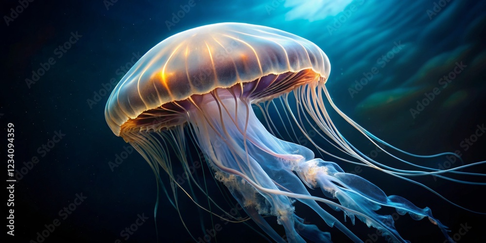 Fototapeta premium Ethereal Jellyfish Gliding Gracefully Through Deep Ocean Waters
