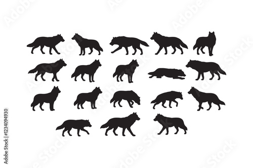 collection of wolf silhouettes in different poses, wild animal vector, predator illustration