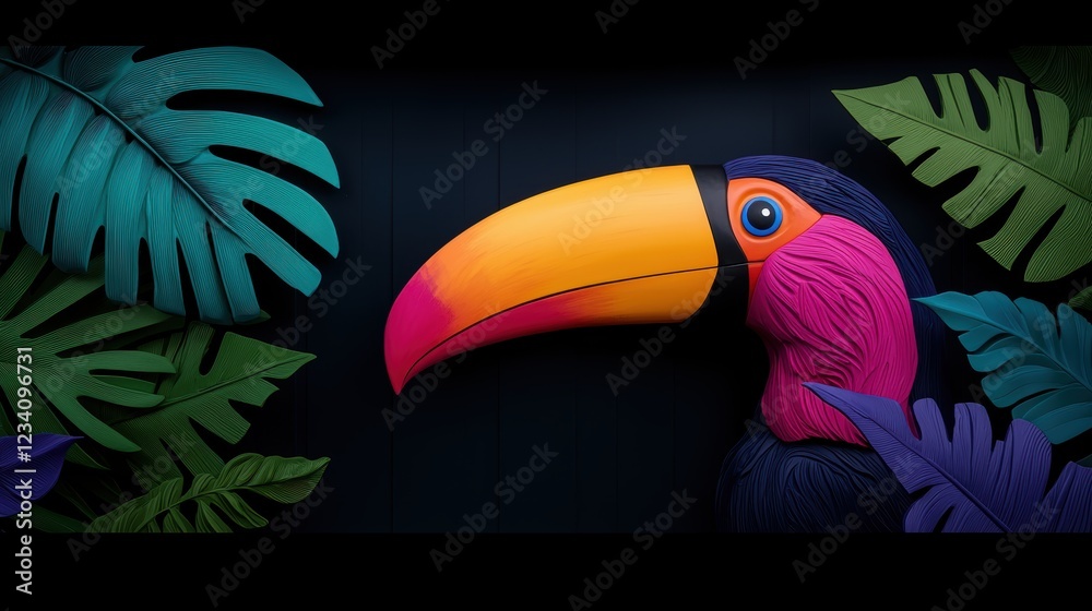 Obraz premium Vibrant Tropical and Exotic Close up of a toucan with its vibrant beak and colorful feathers, perched on a branch