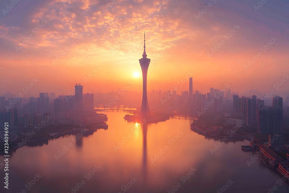 Fototapeta premium Macao Tower Sunrise: A City Awakens