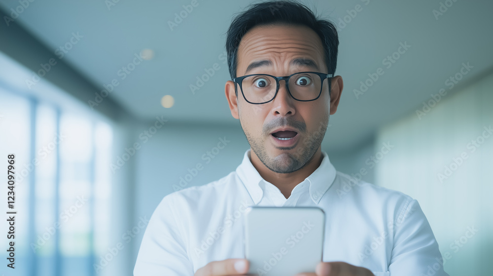 Shocked Businessman on Smartphone: A close-up shot of a surprised Asian businessman looking at his smartphone with a shocked expression. The image conveys a sense of urgency, surprise. Shocked Businessman on Smartphone: A close-up shot of a surprised Asian businessman looking at his smartphone with a shocked expression. The image conveys a sense of urgency, surprise.