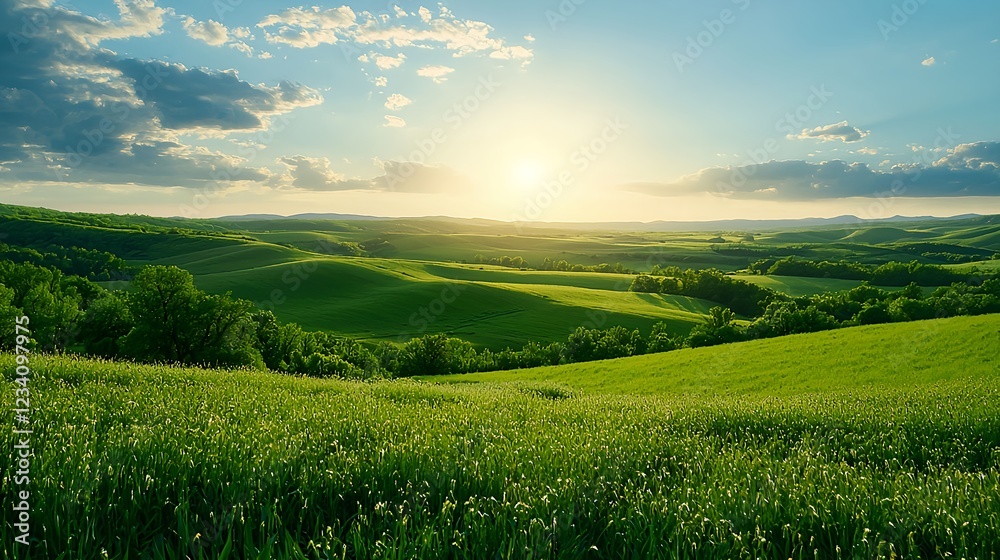 Obraz premium Bright Summer Sunset Over Lush Green Fields