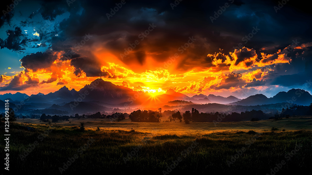 Naklejka premium Fiery sunset over mountain range, meadow; nature scene