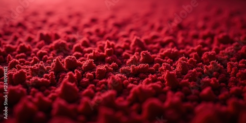 A striking close-up of a rich, vibrant red carpet featuring a textured surface composed of intricately patterned, irregular shapes. Its depth invites touch and exploration photo