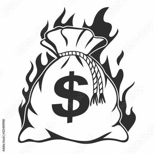 Money Bag with Dollar Sign Surrounded by Flames in Bold Line Art