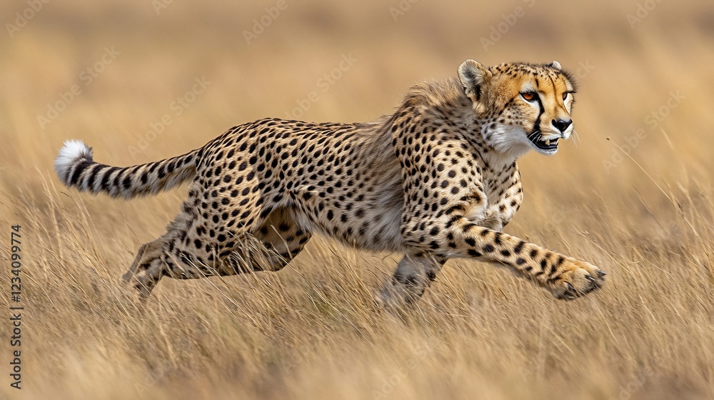Cheetah sprinting across golden grassland, showcasing agility and speed in nature Cheetah sprinting across golden grassland, showcasing agility and speed in nature