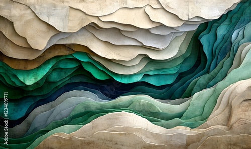 Wallpaper Mural Abstract layered landscape art; teal, beige, wave pattern;  interior wall decor Torontodigital.ca