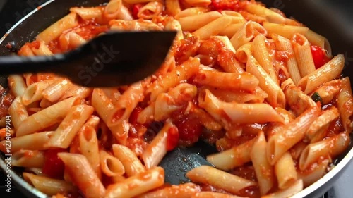 Chef stir pasta with boiling tomato sauce close up view,  Cooking traditional Italian pasta