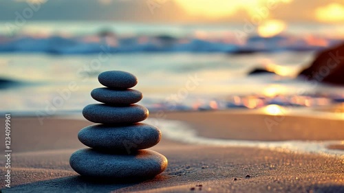Zen at Sunset: A perfectly balanced stack of smooth grey stones stands serene on a sandy beach, bathed in the golden light of a setting sun.
