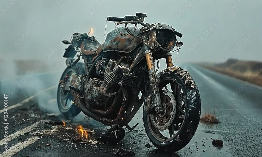 Burned-out Vintage Motorcycle on a Foggy Roadside