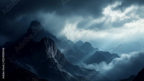 Dramatic Mountainscape: A breathtaking view of a majestic mountain range shrouded in mist and dramatic clouds, with shafts of light piercing through the gloom.