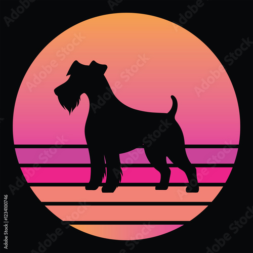 Welsh Terrier Dog Silhouette With sunset retro illustration Vector, Dog vintage sunset retro background