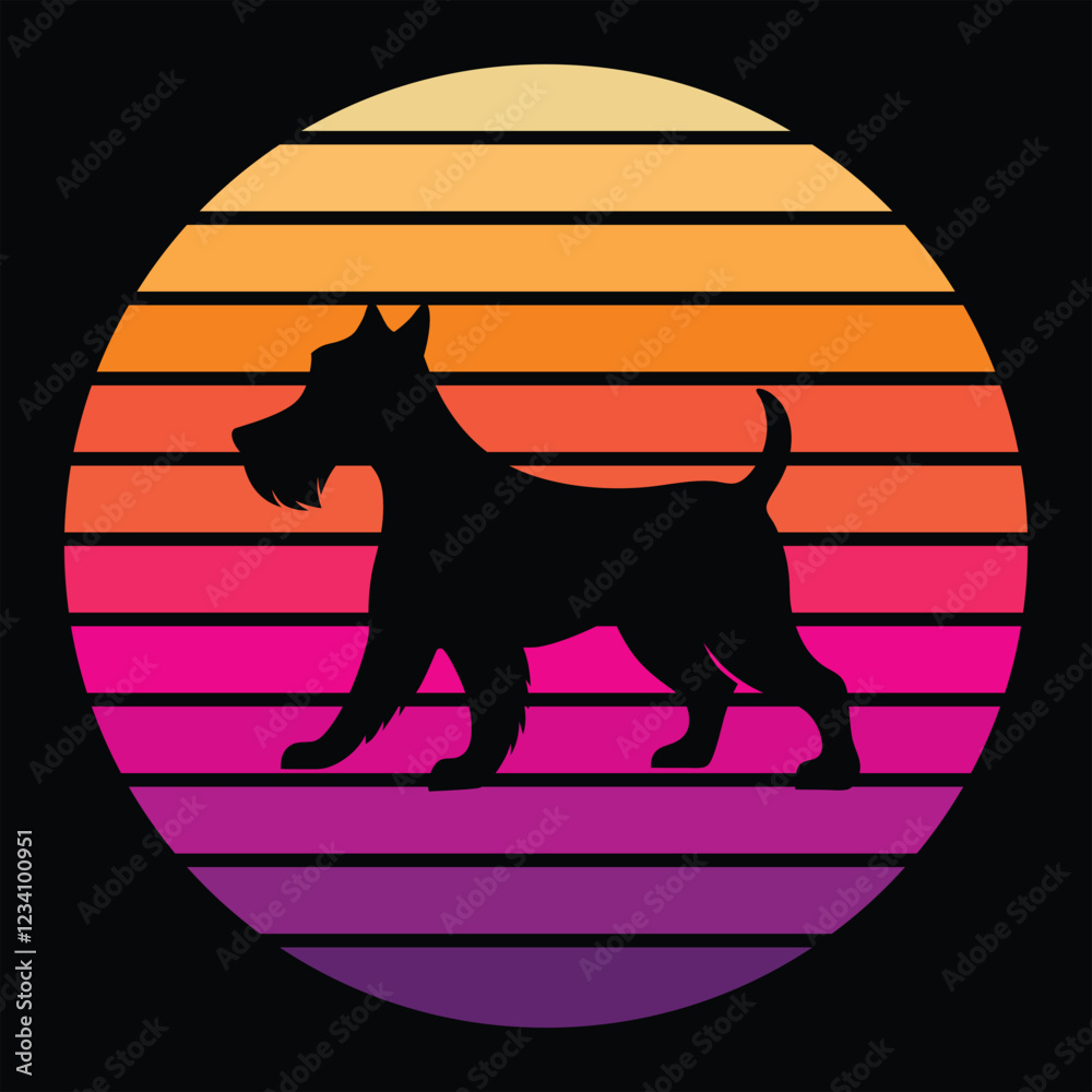 Obraz premium Welsh Terrier Dog Silhouette With sunset retro illustration Vector, Dog vintage sunset retro background