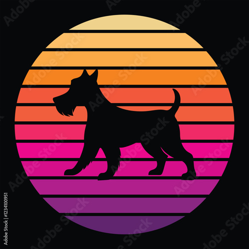Welsh Terrier Dog Silhouette With sunset retro illustration Vector, Dog vintage sunset retro background