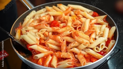 Pasta Cooking with tomato sauce Close View, Pasta Cooking in pan