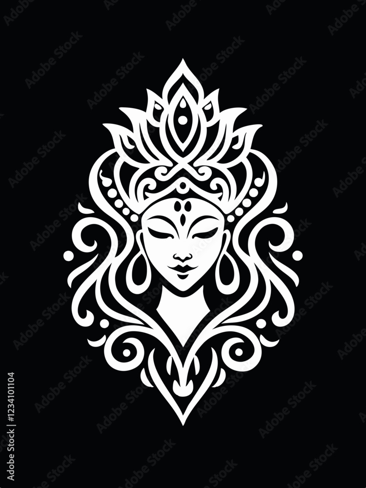 Fototapeta premium Intricate Tribal Goddess Face Design with Decorative Elements and Symmetrical Patterns