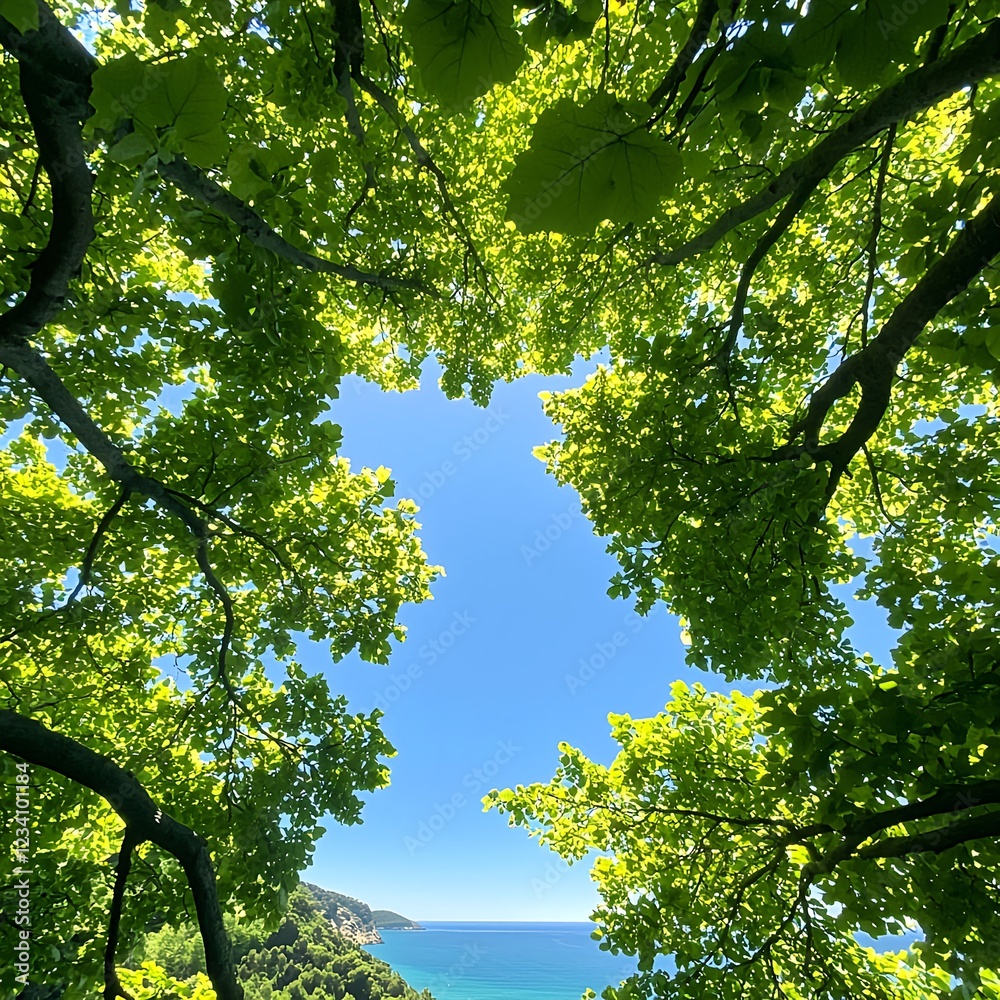 Fototapeta premium Bright Sunlight Through Green Tree Canopy Over Ocean