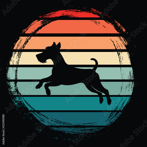Welsh Terrier Dog Silhouette With sunset retro illustration Vector, Dog vintage sunset retro background