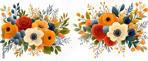 Autumnal Floral Arrangement with Orange, White and Red Roses, Anemones and Berries