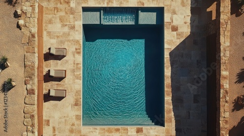 Aerial view of a modern rectangular pool, desert setting, lounge chairs