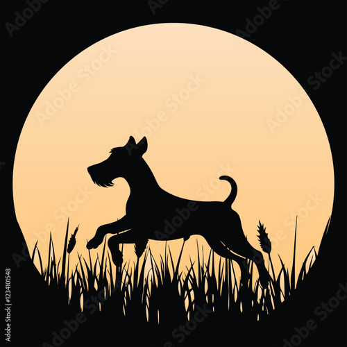 Welsh Terrier Dog Silhouette with Sunset Retro Design
