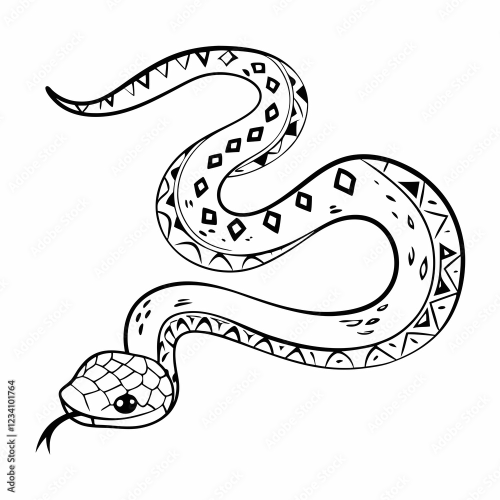 Fototapeta premium Stylized Snake with Geometric Patterns and Intricate Scales in Line Art