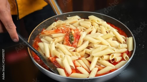 Pasta Cooking in pan on stove in kitchen