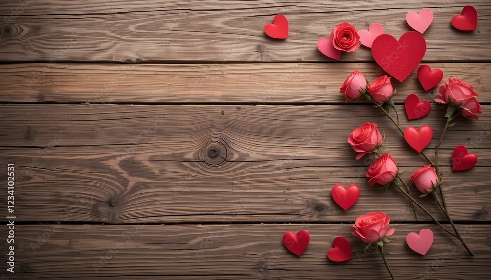 Rustic brown wooden Valentine's Day background with red roses and hearts, perfect for banners, templates, and greeting cards with copy space Rustic brown wooden Valentine's Day background with red roses and hearts, perfect for banners, templates, and greeting cards with copy space