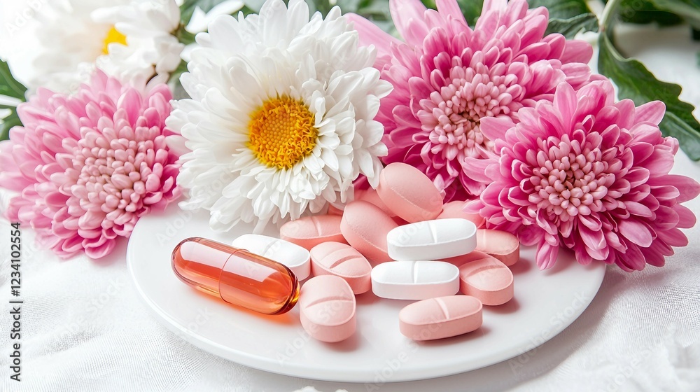 Colorful Tablets Surrounded by Fresh Flowers on White Background Colorful Tablets Surrounded by Fresh Flowers on White Background