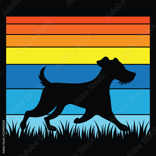 Vintage Sunset Background with Welsh Terrier Dog Silhouette
