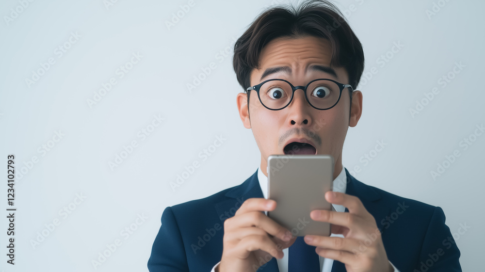 Shocked Businessman Smartphone: A portrait of a surprised businessman in a suit, looking at his smartphone with a shocked expression. Shocked Businessman Smartphone: A portrait of a surprised businessman in a suit, looking at his smartphone with a shocked expression.