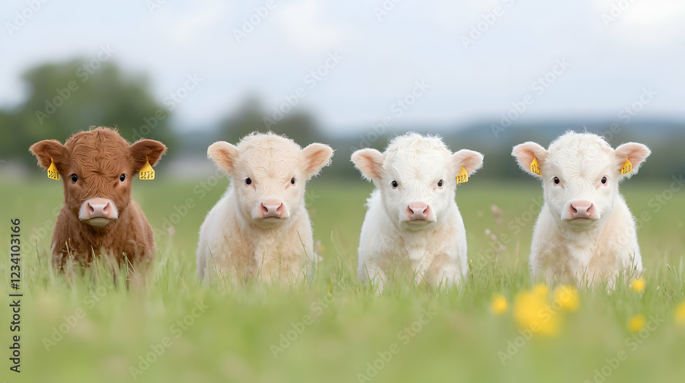 Fototapeta premium Four calves in a field, spring pasture