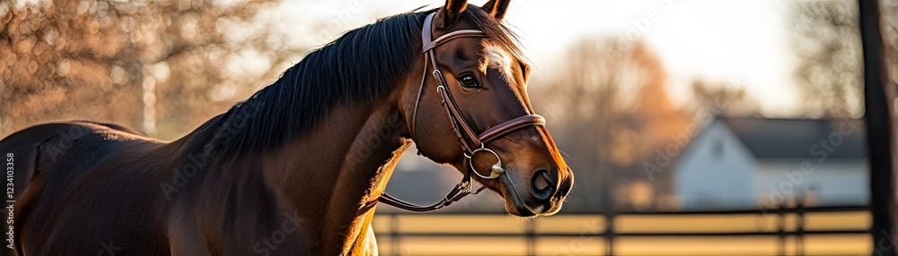 Fototapeta premium A majestic horse stands in a sunlit pasture, embodying strength and elegance. The soft glow highlights its glossy coat and sharp features, creating a serene and captivating scene.