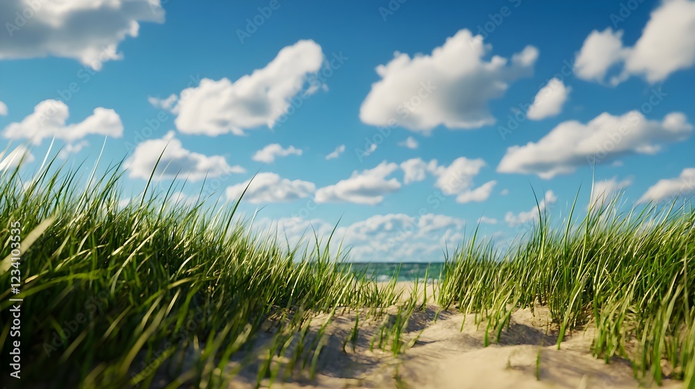 Bright Sunny Day at the Beach Coastal Grass Path Landscape Bright Sunny Day at the Beach Coastal Grass Path Landscape