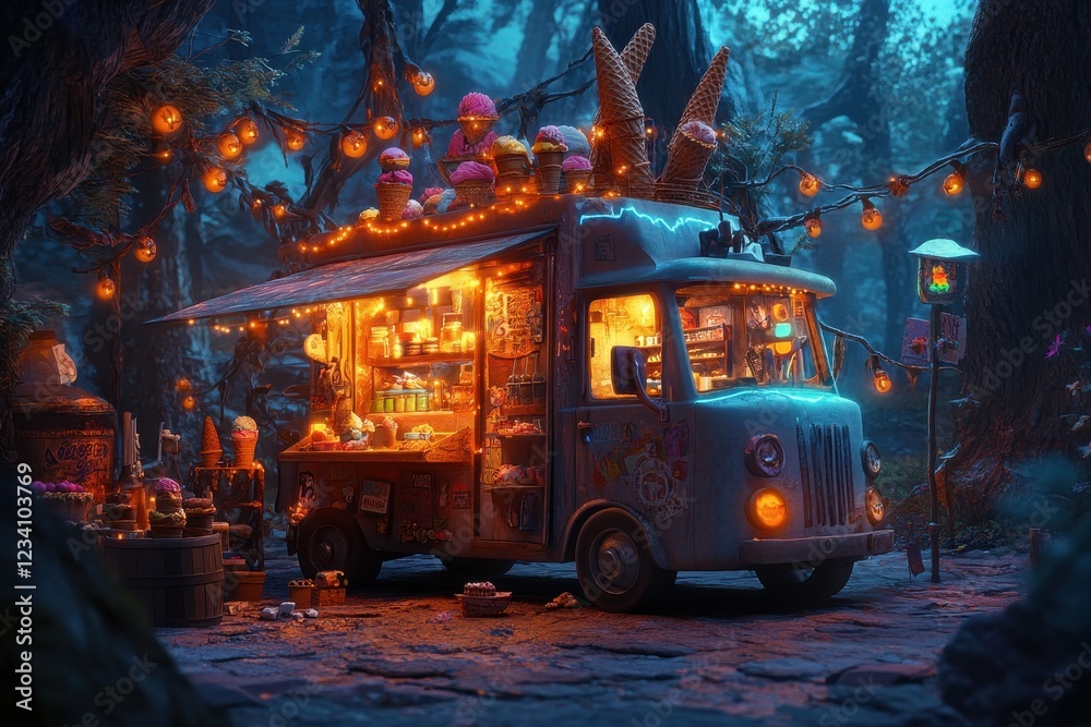 Whimsical Ice Cream Truck in a Magical Forest with Glowing Cones Whimsical Ice Cream Truck in a Magical Forest with Glowing Cones