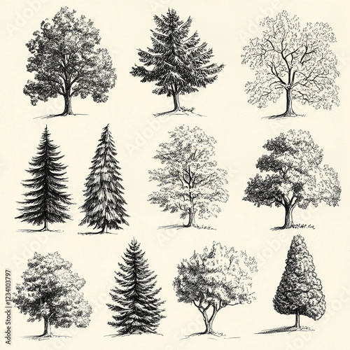 Collection of Hand-Drawn Trees: Twelve meticulously detailed illustrations of various tree species, rendered in classic black and white ink drawing style, perfect for botanical illustrations.