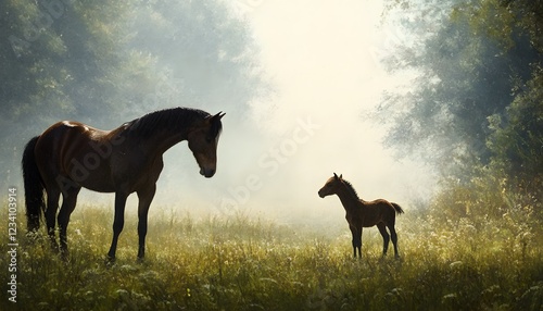 A serene morning scene featuring a horse and its foal amidst a misty meadow. The gentle light creates a calming atmosphere perfect for portraying the bond between mother and child.