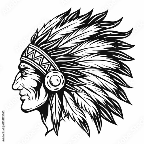 Tribal Native American Headdress with Detailed Feather Design in Profile