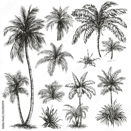 Tropical Palm Collection: Hand-drawn sketches of various palm trees, showcasing different sizes, shapes, and styles, perfect for design projects needing a tropical feel.