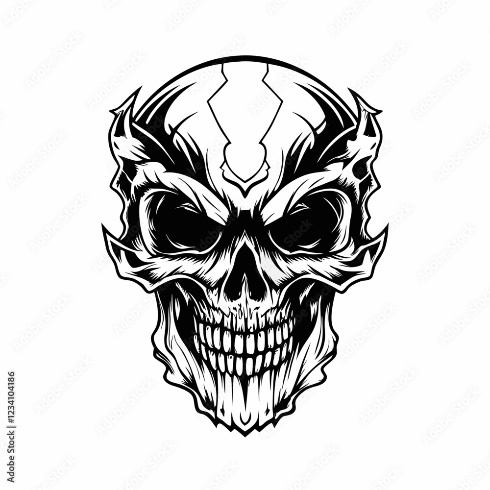 Fototapeta premium Intricate Tribal Skull with Hands Gripping the Head and Bold Line Art
