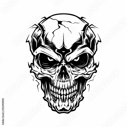 Intricate Tribal Skull with Hands Gripping the Head and Bold Line Art