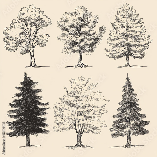 Hand-Drawn Tree Collection: A set of six intricately detailed hand-drawn trees, each showcasing unique silhouettes and textures, perfect for adding a touch of nature to your designs.