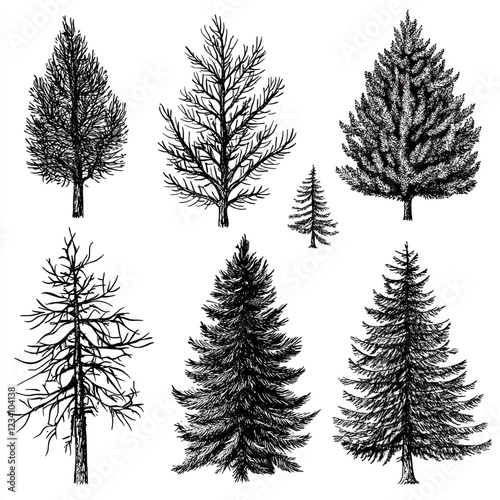 Collection of Hand-Drawn Trees: A set of seven meticulously drawn trees, showcasing diverse species and styles, from lush evergreens to bare, wintery branches, perfect for design projects.