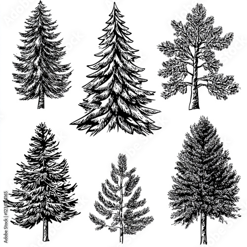 Hand-Drawn Evergreens Collection: A set of six meticulously detailed hand-drawn evergreen trees, showcasing various species and styles, perfect for design projects that need a touch of nature. 