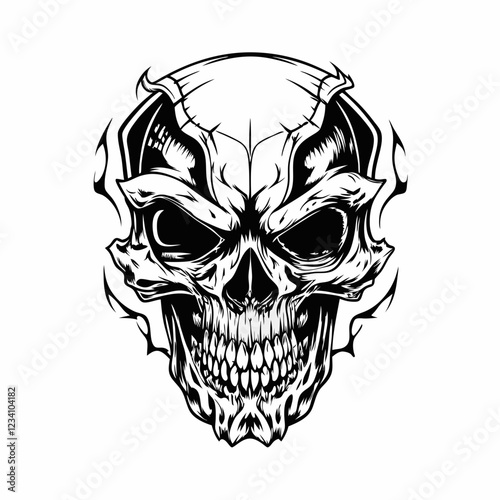 Intricate Tribal Skull with Hands Gripping the Head and Bold Line Art