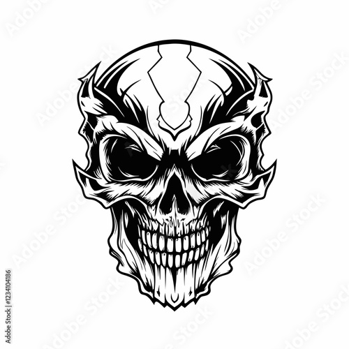 Intricate Tribal Skull with Hands Gripping the Head and Bold Line Art