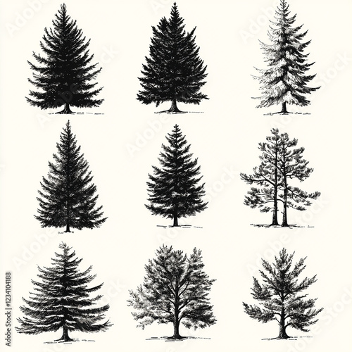 Collection of Evergreen Tree Silhouettes: Nine distinct silhouettes of evergreen trees, rendered in elegant black and white ink drawings, offer a versatile collection for design projects.