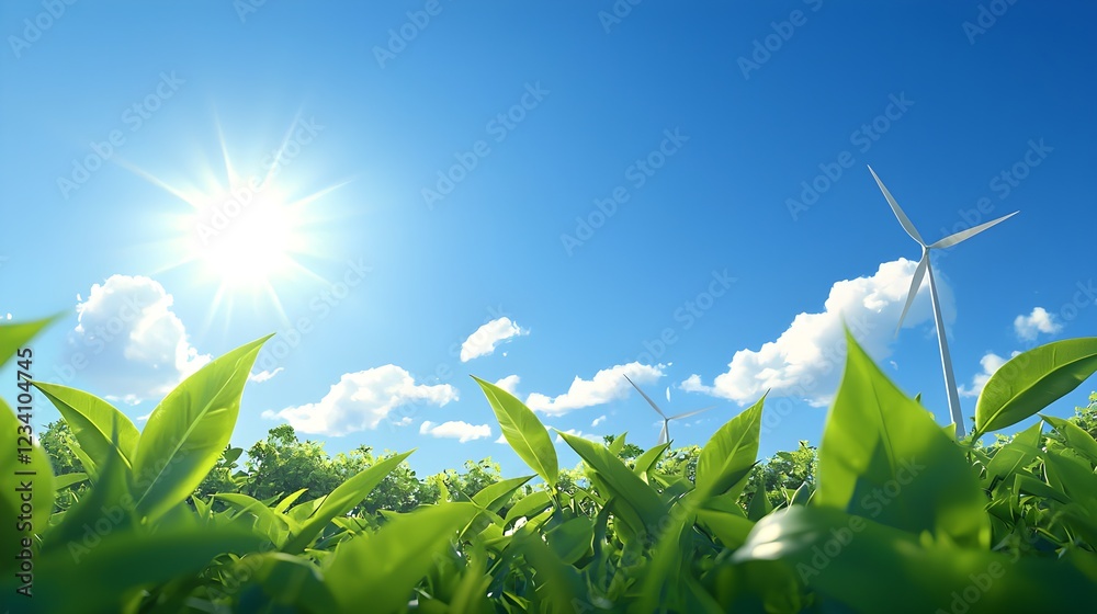 Fototapeta premium Bright Sunny Day Green Field Windmills