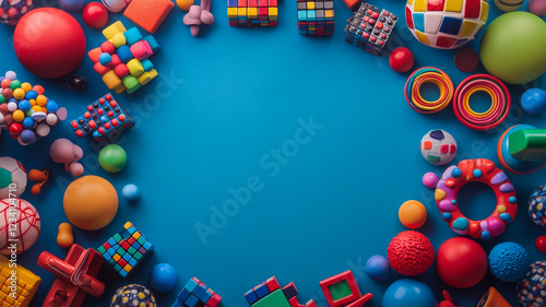 A Kaleidoscope of Creativity: A vibrant array of colorful geometric toys and objects arranged in a playful, circular frame against a vivid blue backdrop, leaving space for your own message or design.